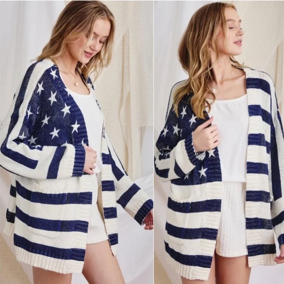 Patriotic Stars Stripes knit Fall Winter cardigan womens sweater cardigan - Picture 2 of 4